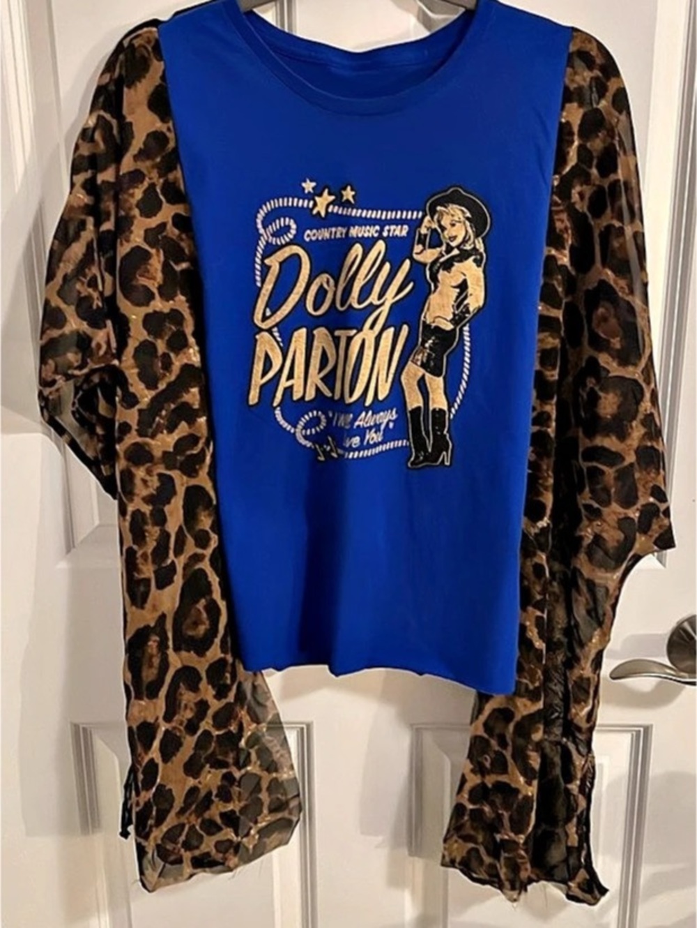 Dolly Parton Graphic Leopard Sleeve Top handmade upcycled
